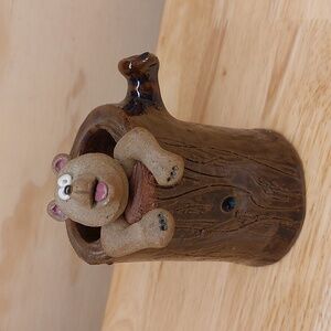 Vintage Red Clay Pottery Bear inside a tree stump Desk decor pen holder